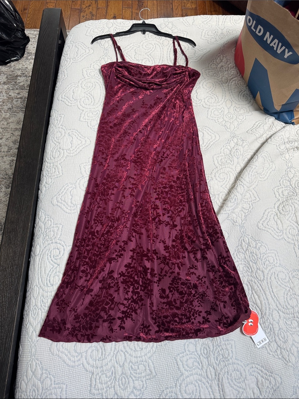 Cider Velvet Floral Slip Midi Dress in Burgundy